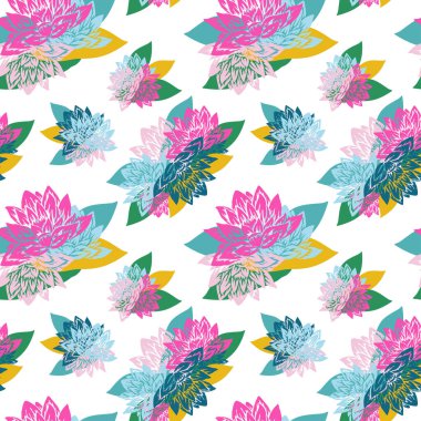 Nilüfer çiçekleri ve tasarım elementleriyle zarif, pürüzsüz bir desen. Davetiyeler, kartlar, baskı, hediye paketi, imalat, tekstil, kumaş, duvar kağıtları için çiçek deseni