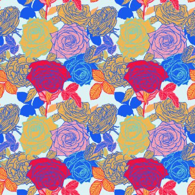 Gül çiçekleri ve tasarım elementleriyle zarif, pürüzsüz bir desen. Davetiyeler, kartlar, baskı, hediye paketi, imalat, tekstil, kumaş, duvar kağıtları için çiçek deseni