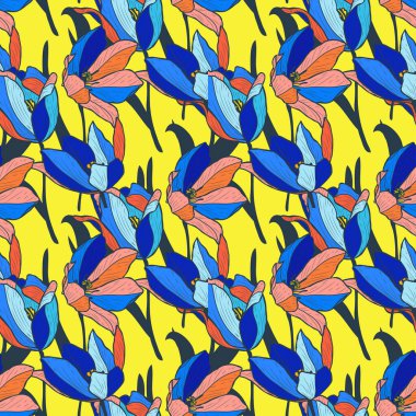 Lale çiçekleri ve tasarım elementleriyle zarif, pürüzsüz bir desen. Davetiyeler, kartlar, baskı, hediye paketi, imalat, tekstil, kumaş, duvar kağıtları için çiçek deseni