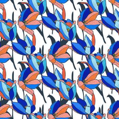 Lale çiçekleri ve tasarım elementleriyle zarif, pürüzsüz bir desen. Davetiyeler, kartlar, baskı, hediye paketi, imalat, tekstil, kumaş, duvar kağıtları için çiçek deseni