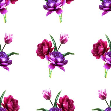 Lale çiçekleri ve tasarım elementleriyle zarif, pürüzsüz bir desen. Davetiyeler için çiçek deseni, tebrik kartları, hatıra defteri, baskı, hediye paketi, imalat, tekstil 