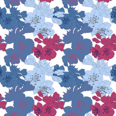 Kiraz çiçekleri ve tasarım elementleriyle zarif, pürüzsüz bir desen. Davetiyeler, kartlar, baskı, hediye paketi, imalat, tekstil, kumaş, duvar kağıtları için çiçek deseni