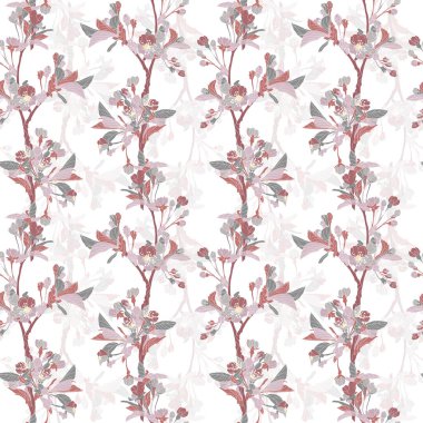 Kiraz çiçekleri ve tasarım elementleriyle zarif, pürüzsüz bir desen. Davetiyeler, kartlar, baskı, hediye paketi, imalat, tekstil, kumaş, duvar kağıtları için çiçek deseni