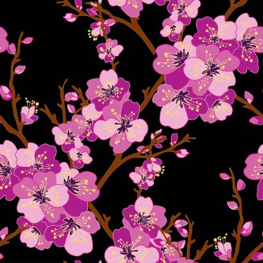 Kiraz çiçekleri ve tasarım elementleriyle zarif, pürüzsüz bir desen. Davetiyeler, kartlar, baskı, hediye paketi, imalat, tekstil, kumaş, duvar kağıtları için çiçek deseni