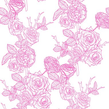 Gül çiçekleri ve tasarım elementleriyle zarif, pürüzsüz bir desen. Davetiyeler, kartlar, baskı, hediye paketi, imalat, tekstil, kumaş, duvar kağıtları için çiçek deseni
