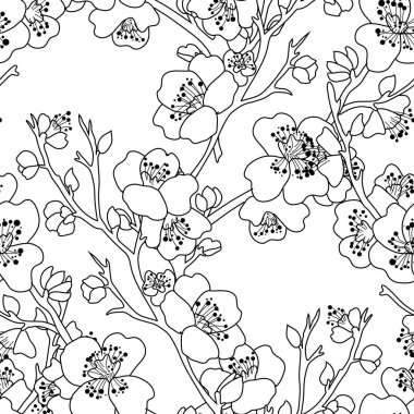 Kiraz çiçekleri ve tasarım elementleriyle zarif, pürüzsüz bir desen. Davetiyeler, kartlar, baskı, hediye paketi, imalat, tekstil, kumaş, duvar kağıtları için çiçek deseni