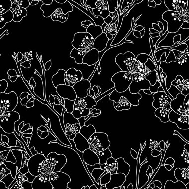 Kiraz çiçekleri ve tasarım elementleriyle zarif, pürüzsüz bir desen. Davetiyeler, kartlar, baskı, hediye paketi, imalat, tekstil, kumaş, duvar kağıtları için çiçek deseni