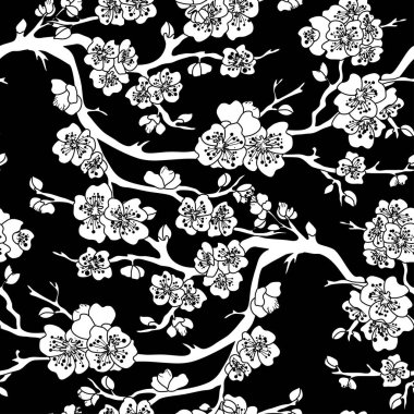 Kiraz çiçekleri ve tasarım elementleriyle zarif, pürüzsüz bir desen. Davetiyeler, kartlar, baskı, hediye paketi, imalat, tekstil, kumaş, duvar kağıtları için çiçek deseni