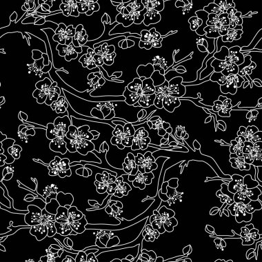 Kiraz çiçekleri ve tasarım elementleriyle zarif, pürüzsüz bir desen. Davetiyeler, kartlar, baskı, hediye paketi, imalat, tekstil, kumaş, duvar kağıtları için çiçek deseni