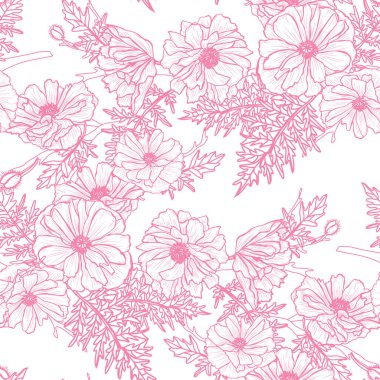 Haşhaş çiçekleri ve tasarım elementleriyle zarif, pürüzsüz bir desen. Davetiyeler, kartlar, baskı, hediye paketi, imalat, tekstil, kumaş, duvar kağıtları için çiçek deseni