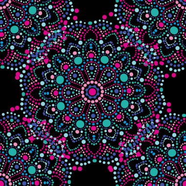 Renkli nokta mandalaları ve tasarım elementleri olan zarif, pürüzsüz bir desen. Davetiyeler için mandala deseni, tebrik kartları, hatıra defteri, baskı, hediye paketi, imalat