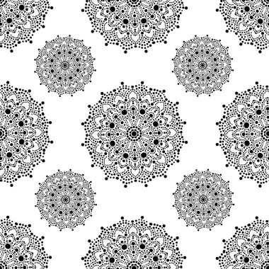 Nokta mandalaları ve tasarım elementleri olan zarif, pürüzsüz bir desen. Davetiyeler için mandala deseni, tebrik kartları, hatıra defteri, baskı, hediye paketi, imalat