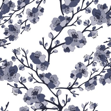 Kiraz çiçekleri ve tasarım elementleriyle zarif, pürüzsüz bir desen. Davetiyeler, kartlar, baskı, hediye paketi, imalat, tekstil, kumaş, duvar kağıtları için çiçek deseni