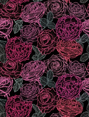 Gül çiçekleri ve tasarım elementleriyle zarif, pürüzsüz bir desen. Davetiyeler, kartlar, baskı, hediye paketi, imalat, tekstil, kumaş, duvar kağıtları için çiçek deseni