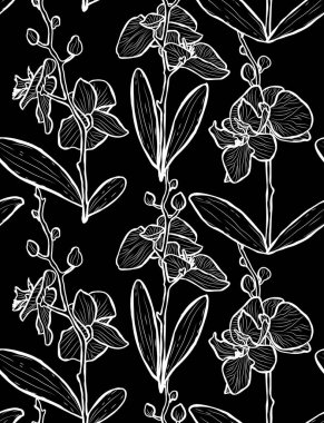 Orkide çiçekleri ve tasarım elementleriyle zarif, pürüzsüz bir desen. Davetiyeler, kartlar, baskı, hediye paketi, imalat, tekstil, kumaş, duvar kağıtları için çiçek deseni