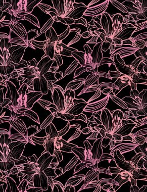 Zambak çiçekleri ve tasarım elementleriyle zarif, pürüzsüz bir desen. Davetiyeler, kartlar, baskı, hediye paketi, imalat, tekstil, kumaş, duvar kağıtları için çiçek deseni