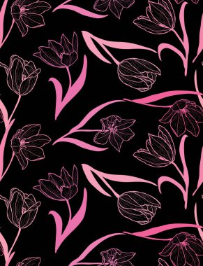 Lale çiçekleri ve tasarım elementleriyle zarif, pürüzsüz bir desen. Davetiyeler, kartlar, baskı, hediye paketi, imalat, tekstil, kumaş, duvar kağıtları için çiçek deseni
