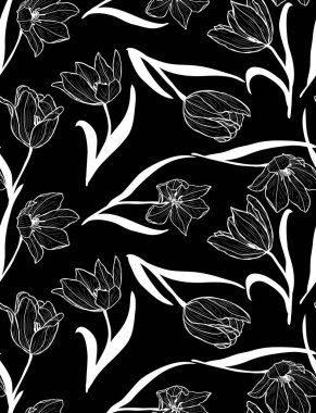 Lale çiçekleri ve tasarım elementleriyle zarif, pürüzsüz bir desen. Davetiyeler, kartlar, baskı, hediye paketi, imalat, tekstil, kumaş, duvar kağıtları için çiçek deseni