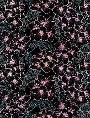 Yasemin çiçekleri ve tasarım elementleriyle zarif, pürüzsüz bir desen. Davetiyeler, kartlar, baskı, hediye paketi, imalat, tekstil, kumaş, duvar kağıtları için çiçek deseni