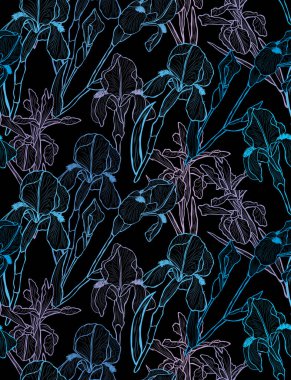 Süsen çiçekleri ve tasarım elementleriyle zarif, pürüzsüz bir desen. Davetiyeler, kartlar, baskı, hediye paketi, imalat, tekstil, kumaş, duvar kağıtları için çiçek deseni