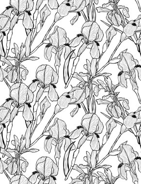 Süsen çiçekleri ve tasarım elementleriyle zarif, pürüzsüz bir desen. Davetiyeler, kartlar, baskı, hediye paketi, imalat, tekstil, kumaş, duvar kağıtları için çiçek deseni