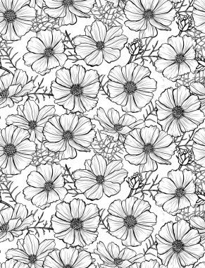 Cosmos çiçekler, tasarım öğeleri ile zarif seamless modeli. Davetiyeler, kartları, baskı, hediye paketi, imalat, tekstil, kumaş, çiçek desenli duvar kağıtları