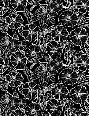 Klematis çiçekleriyle, tasarım elementleriyle zarif, pürüzsüz bir desen. Davetiyeler, kartlar, baskı, hediye paketi, imalat, tekstil, kumaş, duvar kağıtları için çiçek deseni