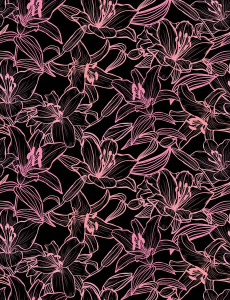 Zambak çiçekleri ve tasarım elementleriyle zarif, pürüzsüz bir desen. Davetiyeler, kartlar, baskı, hediye paketi, imalat, tekstil, kumaş, duvar kağıtları için çiçek deseni