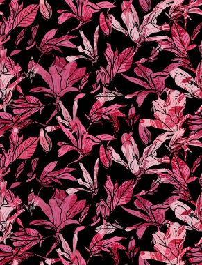 Manolya çiçekleri ve tasarım elementleriyle zarif, pürüzsüz bir desen. Davetiyeler, kartlar, baskı, hediye paketi, imalat, tekstil, kumaş, duvar kağıtları için çiçek deseni