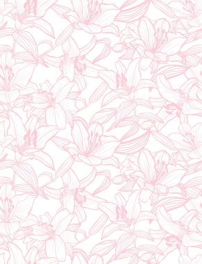 Zambak çiçekleri ve tasarım elementleriyle zarif, pürüzsüz bir desen. Davetiyeler, kartlar, baskı, hediye paketi, imalat, tekstil, kumaş, duvar kağıtları için çiçek deseni