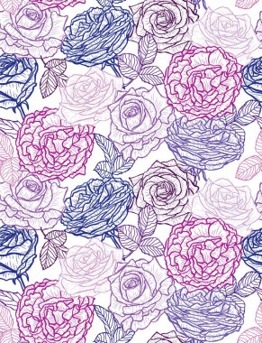 Gül çiçekleri ve tasarım elementleriyle zarif, pürüzsüz bir desen. Davetiyeler, kartlar, baskı, hediye paketi, imalat, tekstil, kumaş, duvar kağıtları için çiçek deseni