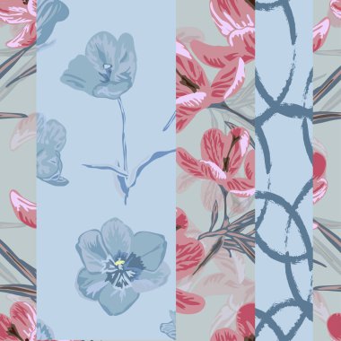 Lale, kruvazör çiçekleri ve tasarım elementleriyle zarif, pürüzsüz bir desen. Davetiyeler, kartlar, baskı, hediye paketi, imalat, tekstil, kumaş, duvar kağıtları için çiçek deseni