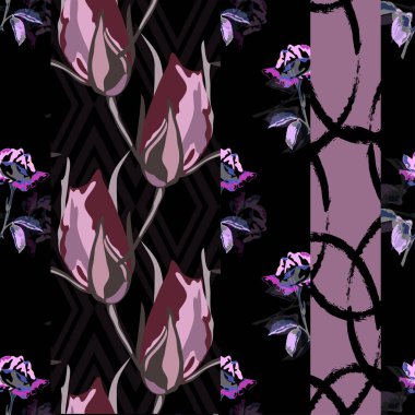 Gül çiçekleri ve tasarım elementleriyle zarif, pürüzsüz bir desen. Davetiyeler, kartlar, baskı, hediye paketi, imalat, tekstil, kumaş, duvar kağıtları için çiçek deseni