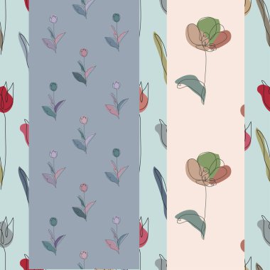 Lale çiçekleri ve tasarım elementleriyle zarif, pürüzsüz bir desen. Davetiyeler, kartlar, baskı, hediye paketi, imalat, tekstil, kumaş, duvar kağıtları için çiçek deseni