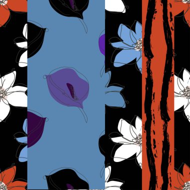 Kalla, şakayık çiçekleri ve tasarım elementleriyle zarif, pürüzsüz bir desen. Davetiyeler, kartlar, baskı, hediye paketi, imalat, tekstil, kumaş, duvar kağıtları için çiçek deseni