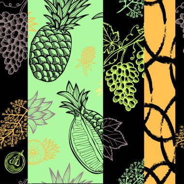 Üzümlü, ananaslı, tasarım elementli zarif, pürüzsüz bir desen. Davetiyeler için meyve deseni, kartlar, baskı, hediye paketi, imalat, tekstil, kumaş, duvar kağıtları. Yemek, mutfak, vejetaryen teması