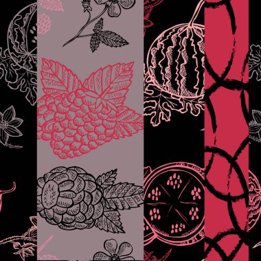 Karpuz, ahududu ve tasarım elementleriyle zarif ve pürüzsüz bir desen. Davetiyeler için meyve deseni, kartlar, baskı, hediye paketi, imalat, tekstil, kumaş, duvar kağıtları. Yemek, mutfak, vejetaryen teması