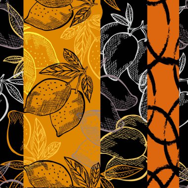 Limon ve mango meyveleriyle, tasarım elementleriyle zarif, pürüzsüz bir desen. Davetiyeler için meyve deseni, kartlar, baskı, hediye paketi, imalat, tekstil, kumaş, duvar kağıtları. Yemek, mutfak, vejetaryen teması