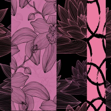 Nilüfer, orkide ve tasarım elementleriyle zarif, pürüzsüz bir desen. Davetiyeler, kartlar, baskı, hediye paketi, imalat, tekstil, kumaş, duvar kağıtları için çiçek deseni