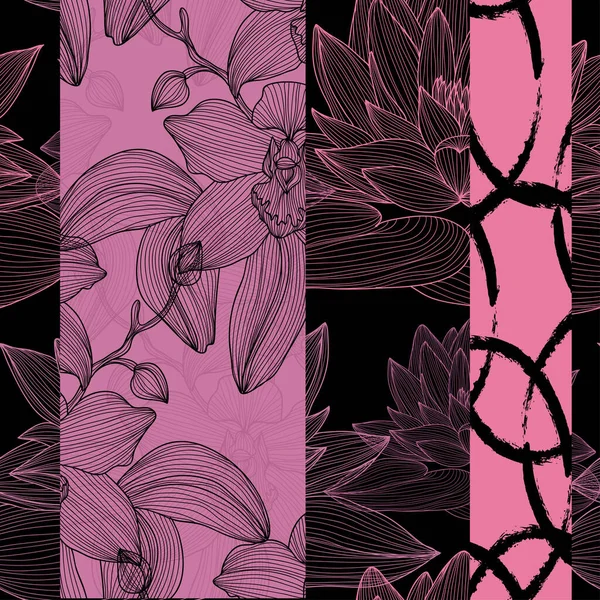 Nilüfer, orkide ve tasarım elementleriyle zarif, pürüzsüz bir desen. Davetiyeler, kartlar, baskı, hediye paketi, imalat, tekstil, kumaş, duvar kağıtları için çiçek deseni