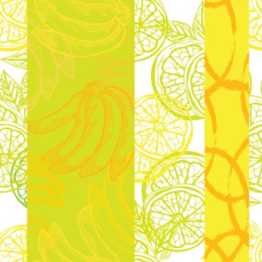 Limonlar, muzlar ve tasarım elementleriyle zarif, pürüzsüz bir desen. Davetiyeler için meyve deseni, kartlar, baskı, hediye paketi, imalat, tekstil, kumaş, duvar kağıtları. Yemek, mutfak, vejetaryen teması