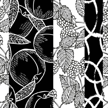 Şeftali, ahududu ve tasarım elementleriyle zarif, pürüzsüz bir desen. Davetiyeler için meyve deseni, kartlar, baskı, hediye paketi, imalat, tekstil, kumaş, duvar kağıtları. Yemek, mutfak, vejetaryen teması