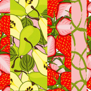 Çilek, armut ve tasarım elementleriyle zarif, pürüzsüz bir desen. Kartlar için meyve deseni, baskı, hediye paketi, imalat, tekstil, kumaş, duvar kağıtları. Yemek, mutfak, vejetaryen teması