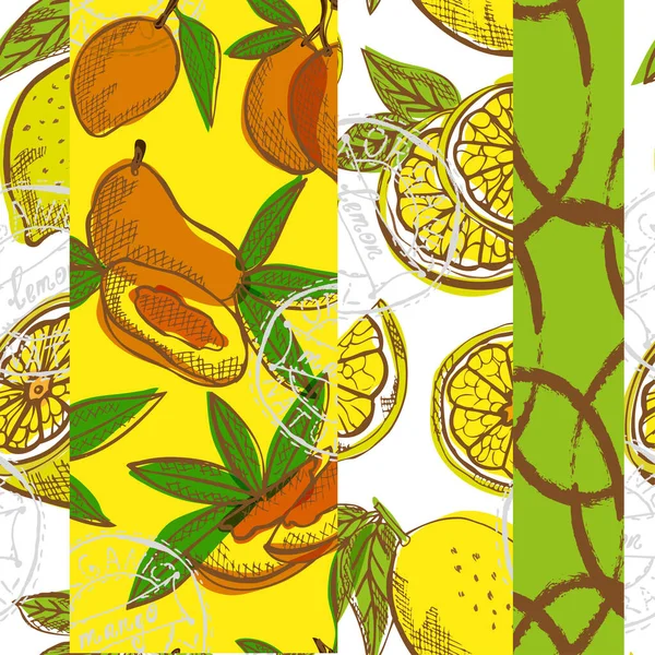 マンゴーとレモンのエレガントなシームレスなパターン デザイン要素 カード ギフトラップ 壁紙のための果物パターン キッチン ベジタリアンのテーマ — ストックベクタ