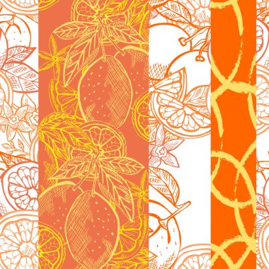 Turuncu ve limonlu, zarif, pürüzsüz desen, tasarım elementleri. Kartlar için meyve deseni, baskı, hediye paketi, imalat, tekstil, kumaş, duvar kağıtları. Yemek, mutfak, vejetaryen teması
