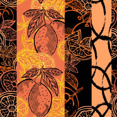Turuncu ve limonlu, zarif, pürüzsüz desen, tasarım elementleri. Kartlar için meyve deseni, baskı, hediye paketi, imalat, tekstil, kumaş, duvar kağıtları. Yemek, mutfak, vejetaryen teması