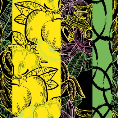 Elma ve muzlu, zarif ve pürüzsüz desen, tasarım elementleri. Kartlar için meyve deseni, baskı, hediye paketi, imalat, tekstil, kumaş, duvar kağıtları. Yemek, mutfak, vejetaryen teması