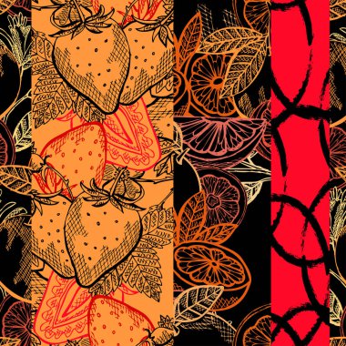 Çilekli, greyfurtlu ve tasarım elementli zarif ve pürüzsüz bir desen. Kartlar için meyve deseni, baskı, hediye paketi, imalat, tekstil, kumaş, duvar kağıtları. Yemek, mutfak, vejetaryen teması