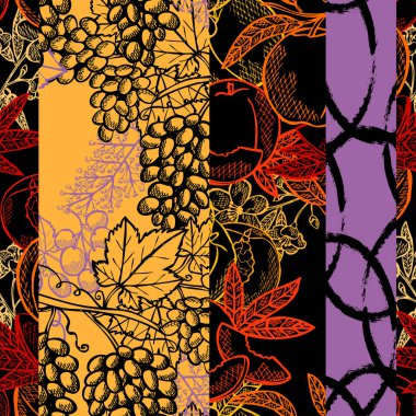 Üzümlü, şeftalili, tasarım elementli zarif, pürüzsüz bir desen. Kartlar için meyve deseni, baskı, hediye paketi, imalat, tekstil, kumaş, duvar kağıtları. Yemek, mutfak, vejetaryen teması