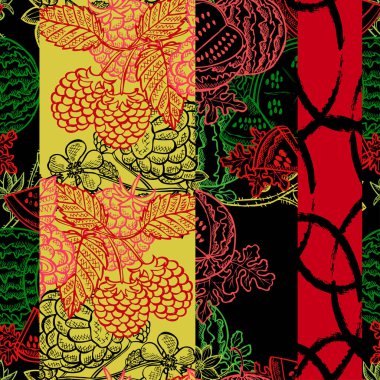 Ahududu, karpuz ve tasarım elementleriyle zarif ve pürüzsüz bir desen. Kartlar için meyve deseni, baskı, hediye paketi, imalat, tekstil, kumaş, duvar kağıtları. Yemek, mutfak, vejetaryen teması